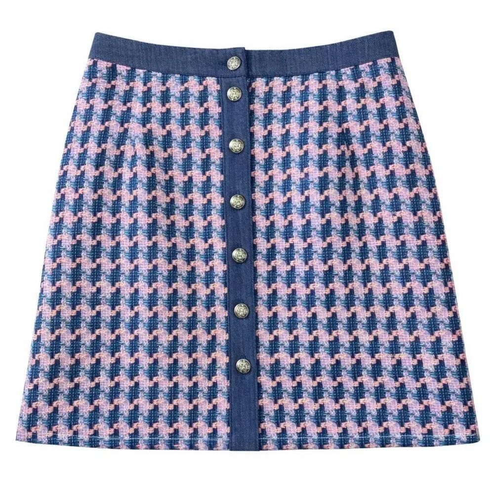 Talbots Denim Trim Pink Blue Basket Houndstooth Tweed A-Line Skirt Size 18